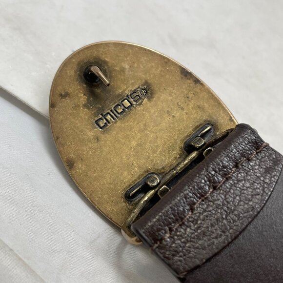 Chicos Adjustable Belt Size Medium Brass Rhinestone Embellished Oval Bling Brown - Picture 2 of 6